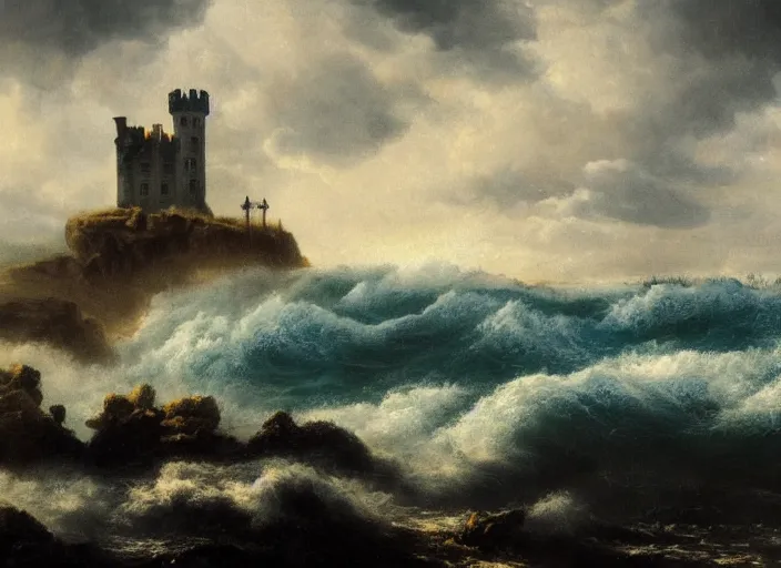 Image similar to raging ocean waves wash over a lonely gothic castle on a cliff in the background, 8 k, epic composition, oil painting, cinematic light, cloudy sky