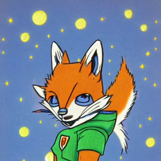 Image similar to 1 9 8 0 s video game art of anthropomorphic fox mccloud from starfox fursona furry fox in a space cadet uniform, looking heroic high quality colored pencil