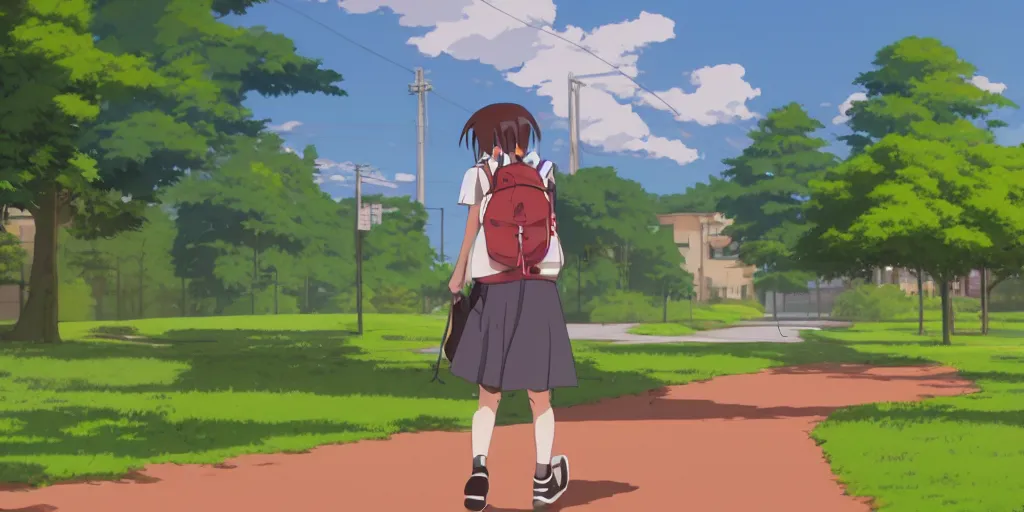 Image similar to schoolgirl with backpack walking home from school in a japanese suburb with high redwood trees. puddles after the rain. neo - georgian city blocks and stone brick retaining walls near the sidewalk. anime studio ghibli screenshot trending on artstation.