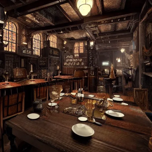 Prompt: Interior design Tavern in Mixed style of Medieval and in style of Cyberpunk, Many details