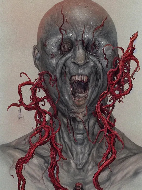 Image similar to painting by wayne barlowe of a flying sorrowful looking human head with tears running down it's eyes, face that is chalk white in color, with long sprawling white tentacles stemming down it's neck, fiery scorching red eyes, flying in a terrying hellish dark cavernous place