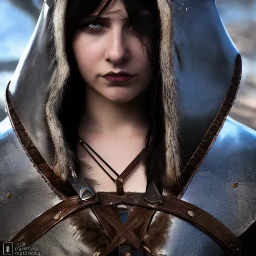 Image similar to anya charlota as a medieval fantasy tolkien elf, dark purplish hair tucked behind ears, wearing leather with a fur lined collar, wide, muscular build, scar across the nose, one black, scaled arm, cinematic, character art, digital art, realistic. 8 k, detailed.