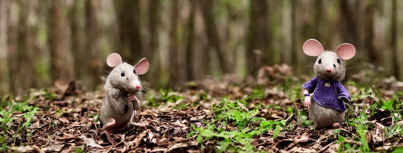 Prompt: anthropomorphic mouse hiking in the woods