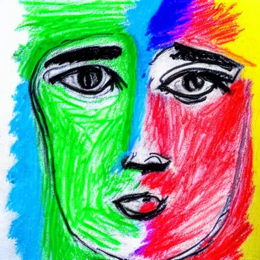 Prompt: a colorful crayon drawing of a face on a paper plate