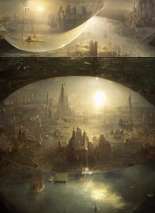 Prompt: a giant water bubble with a reflection of a city, modern fine art, fractal, intricate, elegant, highly detailed,, by jheronimus bosch and greg rutkowski,