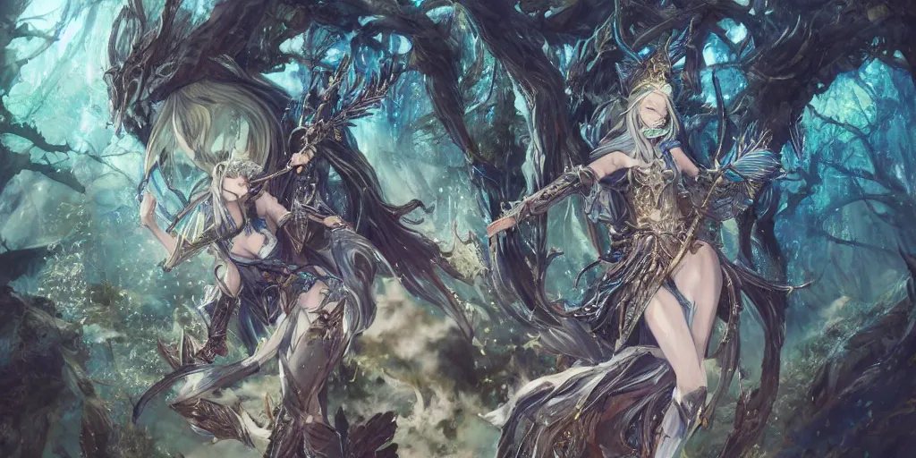 Image similar to an anime landscape of a knightly merfolk from magic the gathering wearing a ornate detailed armor garments and an atlantean crown, in a mystical forest from skyrim, by stanley artgerm lau, wlop, rossdraws, james jean, andrei riabovitchev, marc simonetti, and sakimichan, trending on artstation