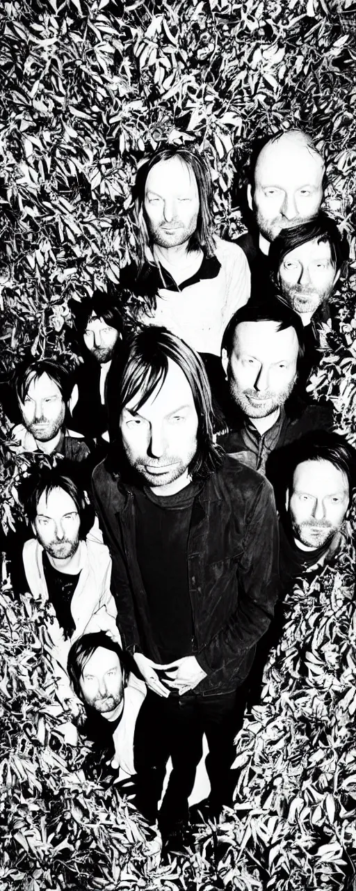 Image similar to disco diffusion portrait of Radiohead, hiding in the bushes looking shifty