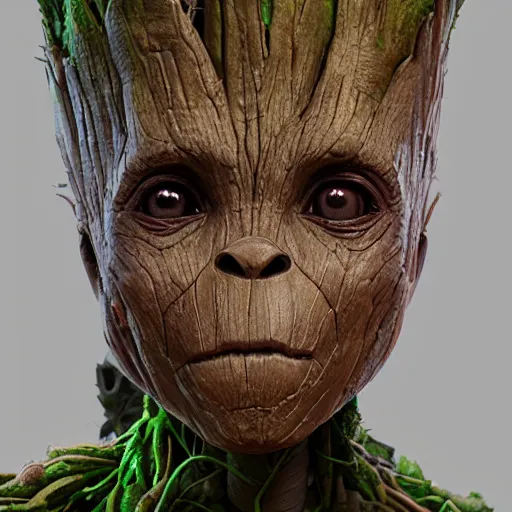 Image similar to groot, hyper detailed, digital art, trending in artstation, cinematic lighting, studio quality, smooth render, unreal engine 5 rendered, octane rendered, art style by klimt and nixeu and ian sprigger and wlop and krenz cushart