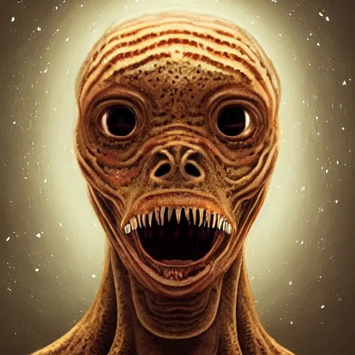 Image similar to a sentient alien from a newly discovered planet. angular jaw, open mouth, large canine teeth and it's throat is covered in spiny hairs, it's smooth bioluminescent skin is splattered by brown freckles on its cheeks, middle aged, hunter gatherer, portrait painting, beautiful, hyperrealistic