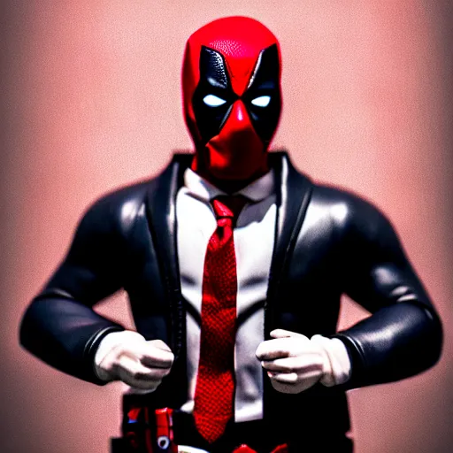 Image similar to realistic plastic figure of deadpool, wearing shirt and red tie, suit jacket, only head and chest, intricate, desaturated, trending on artstation, cinematic composition, dramatic pose, volumetric lighting, sharp, details, hyper - detailed, hd, 4 k, 8 k