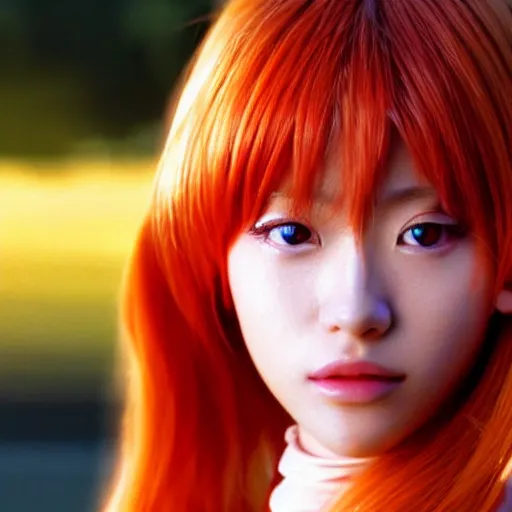 Prompt: Asuka Langley from Neon Genesis Evangelion, live action, beautiful portrait, golden hour