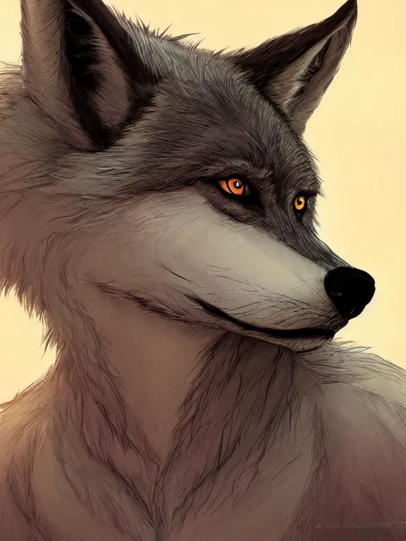 Image similar to 3/4 headshot of cute anthro wolf man, handsome, fantasy, intricate, long muzzle, wolf ears, fursona, black fur, elegant, highly detailed, digital painting, artstation, concept art, smooth, sharp focus, illustration, art by artgerm and greg rutkowski and alphonse mucha bright Maldives beach in background