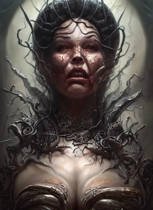 Prompt: a hyper detailed face portrait of the queen of blades, wounded face, diablo 4 lilith, sideshow figurines, cthulu, by tom bagshaw, artgerm, dorian cleavenger, greg rutkowski, wlop, astri lohne, zdzisław beksinski trending on artstation