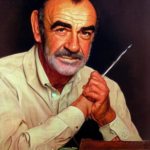 Prompt: a portrait painting of Sean Connery. Painted by Norman Rockwell