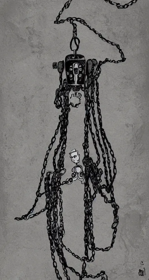 Prompt: a robot hanging by chains upside down peacefully, beautiful ink painting inspired by the hanged man tarot card, sharp lines