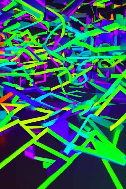 Image similar to very dark image of neon colored abstract 3 d shapes floating in a matte ultra black background, blender maya unreal engine, octane render vray,