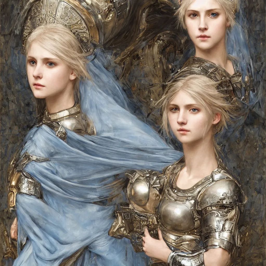 Prompt: armored beautiful pale platinum - blonde young woman with light blue eyes, soft gaze, a golden round halo around her head, wearing a fine decorated silver breastplate, painted by john william waterhouse : : 0. 5, epic fantasy, masterpiece, portrait, fine art, digital art, detailed, ultra - hd, cinematic, volumetric, intricate