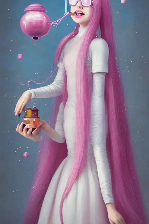 Image similar to highly detailed, natural light portrait of a young adult princess bubblegum from adventure time, experimenting in her castle lab, wearing lab coat & saftey goggles, long bubblegum hair with long straight bangs, beautiful, extremely cute, adorable, illustration concept art by nicoletta ceccoli, mark ryden, lostfish, detailed and intricate environment, 8 k resolution, hyperrealistic, octane render