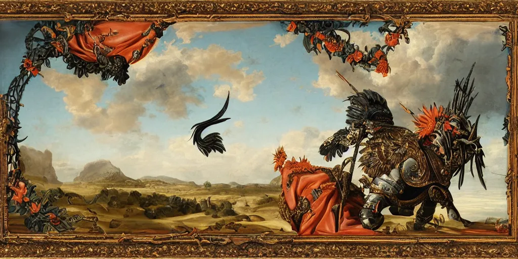 Prompt: portrait, war, knight, rooster, feathers, horns, carriage, famine, death, war, wide angle, puffy clouds, skies behind, stars in sky, italian masterpiece, Ashford Black Marble, sculpture, baroque, draped with orange carrot and vines and spines, marble and gold, drapes, white details, beetle, still life, Obsidian, portrait, rabbit, snails vs worms, goose, render, artstation, ultra detailed