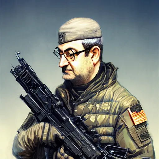 Prompt: salman rushdie as a futuristic tactical operator soldier by maciej kuciara