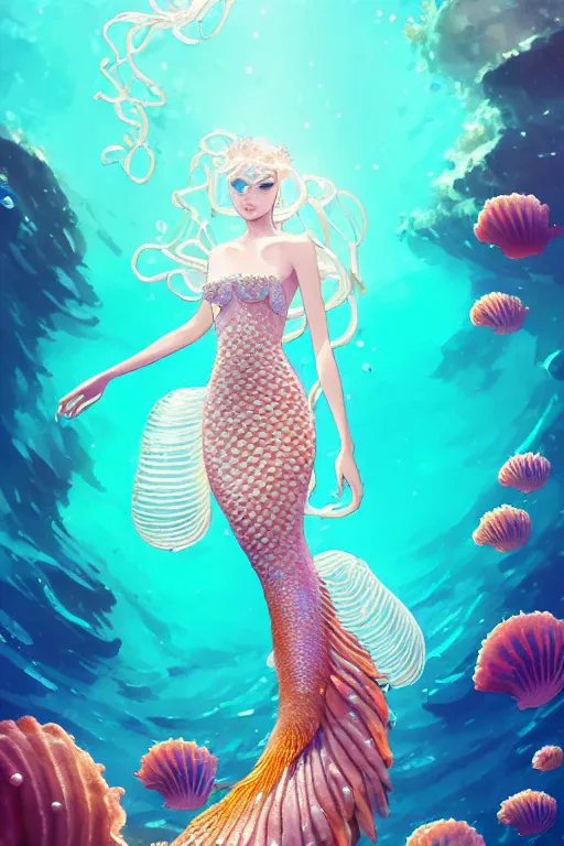 Image similar to a beautiful mermaid queen of the ocean in the middle of coral reefs, pearl and crystal jewelry, complex and shiny dress inspired by jellyfish, by ross tran and atey ghailan, by greg rutkowski, by greg tocchini, by james gilleard, by joe fenton, by kaethe butcher, dynamic lighting, grunge aesthetic