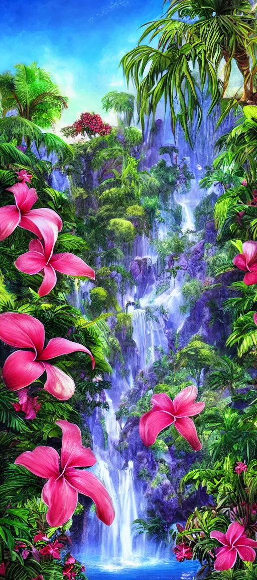 Prompt: cascading concept art of an exotic garden with waterfall pools, and flowers and palm trees, plumeria, hibiscus, detailed, highly detailed, aesthetic, realistic, hyper realism, colorful, in depth, intricate,