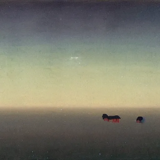 Image similar to the epic abstract painting'blue arctic void with black and red aurora borealis above a large herd of tiny reindeer ', by caspar david friedrich!!!, by rothko!!!, stunning masterpiece, trending on artstation