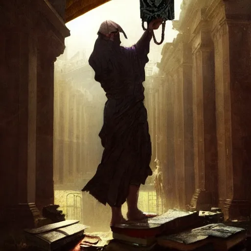 Image similar to half portait of wizzard wearing a closed cowl and big old book! chained to the wrist, jeremy mann, jean - leon gerome, tiepolo, alphonse mucha, greg rutkowski, face in the shadows, ( ( ruins of ancient rome ) ), at dusk, mysterious atmosphere, sunrays, dof, high detailed, 8 k