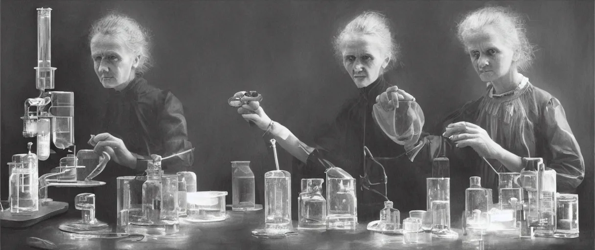 Image similar to “ a extremely detailed stunning portraits of marie curie mixing radium in laboratory by allen william on artstation ”