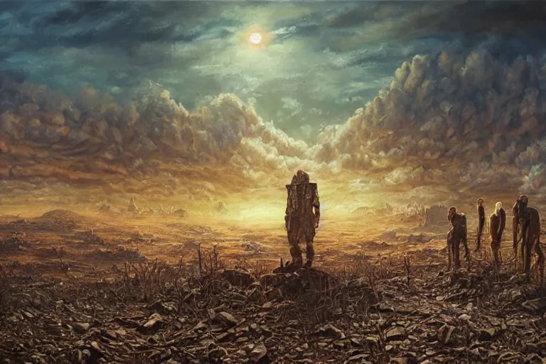 Image similar to a intricate oil painting of Post apocalyptic dystopian landscape with vault dwellers seeing the sun for the first time in years by artgerm and Dariusz Zawadzki and Beksinski