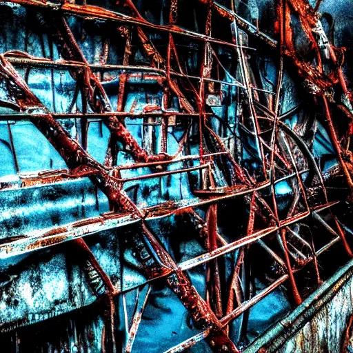 Prompt: an underwater photograph of a rusty complex underwater structure, submechanophobia,