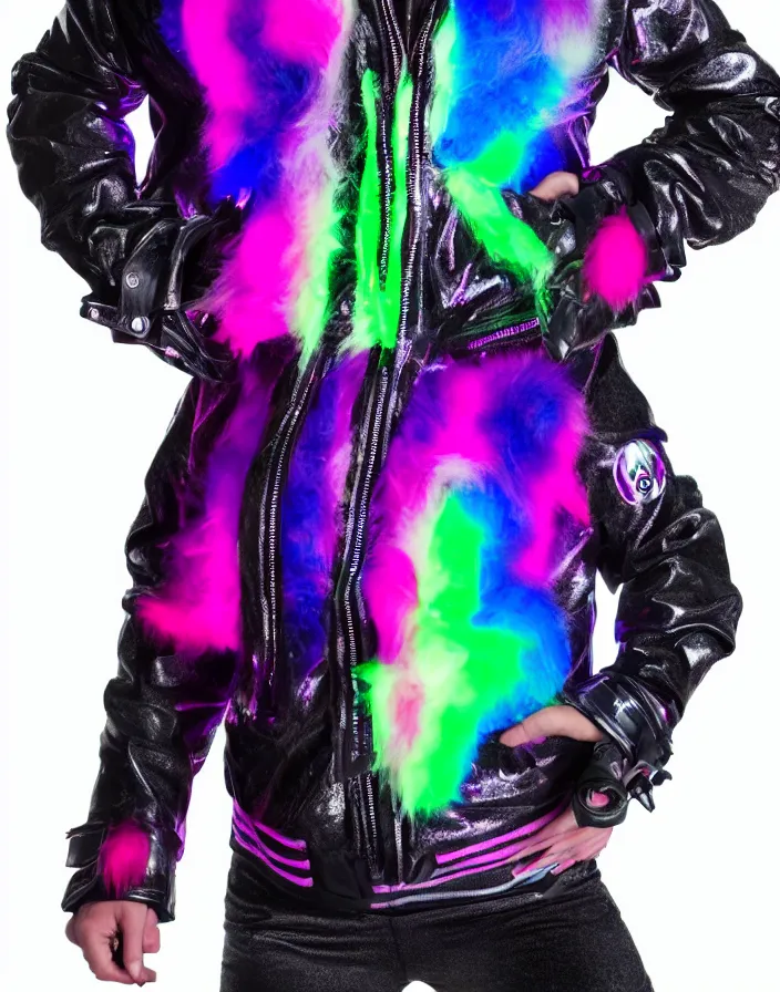 Image similar to autumn season rave jacket with led skin and fluffy lining in the style of cyberdog, futuristic psychedelic hippy, product shot, dark background