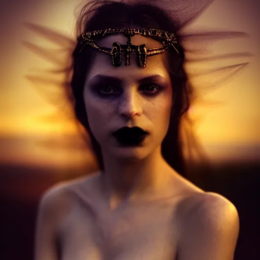 Prompt: photographic portrait of a stunningly beautiful gothic queen of the underworld female in soft dreamy light at sunset, contemporary fashion shoot, by edward robert hughes, annie leibovitz and steve mccurry, david lazar, jimmy nelsson, breathtaking, 8 k resolution, extremely detailed, beautiful, establishing shot, artistic, hyperrealistic, beautiful face, octane render