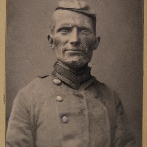 Image similar to civil war portrait of soldier sepia tattered image, with glowing red eyes and evil smile, real 1 8 6 0 photo,