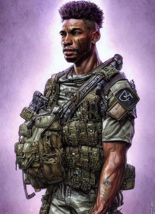 Image similar to handmade character portrait of a serious american soldier man, flowers growing on him, amaratyllis, hydrangea, chrysanthemum, hyacinth, in the style of artgerm and enki bilal and bastien lecouffe - deharme, wlop, line art, watercolor, cinematic lighting, hyperdetailed, hyperrealistic