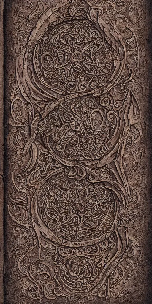 Image similar to A highly detailed and intricate image of an ancient, dusty grimoire, leather bound, carved lettering, three color scheme, 3d render, 4k, dark arts,