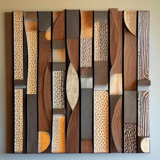 Image similar to a high quality photo of hanging wall art, 3D collage, intersecting, hearts and circles made of various hard woods, overlapping, layered, trending on Pinterest.