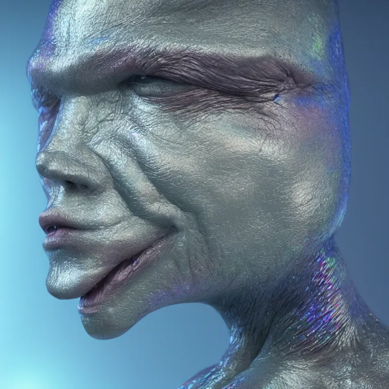 Image similar to octane render portrait by wayne barlow and carlo crivelli and glenn fabry, a deep ocean mariana trench creature made out inflated iridescent plastic and bioluminescence, cinema 4 d, ray traced lighting, very short depth of field, bokeh