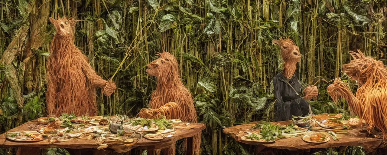 Image similar to taxidermized, the first humans discovering spaghetti on a mountain side, cloud forest, hyper - realistic, small details, intricate, sharply focused, 2 0 mm lens, wes anderson film, kodachrome