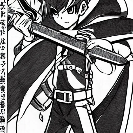 Image similar to young anime hero with a sword, illustrated by mato and ken sugimori, manga, black and white illustration