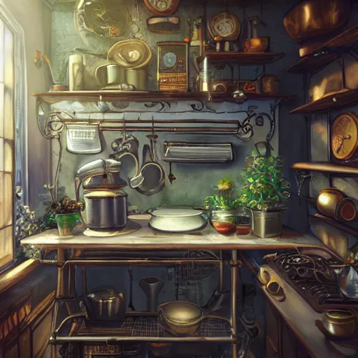 Prompt: steampunk kitchen in the warm morning light, plants, toaster, kettle, fridge, oven, sink, machines, beautifully lit, painting, high resolution, trending on artstation