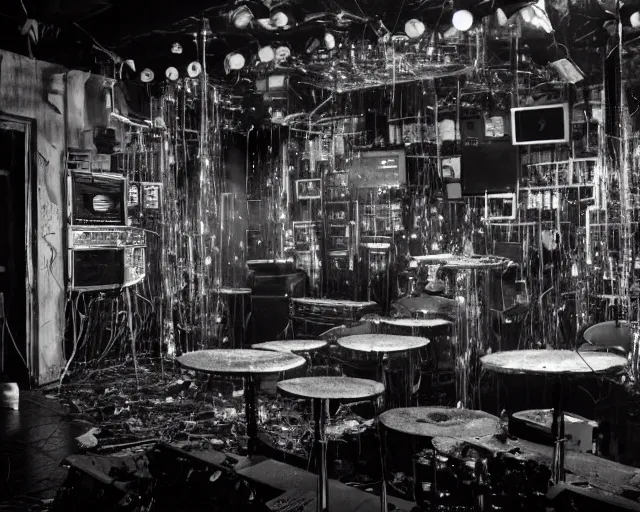 Prompt: diorama of a stage at a basement club, muted lights, broken vintage computers and cables, scattered glass shards, centered, composition by Radiohead, 8k, concert documentary, b&w photography, cinematography by Jim Jarmusch, set design by Hundertwasser