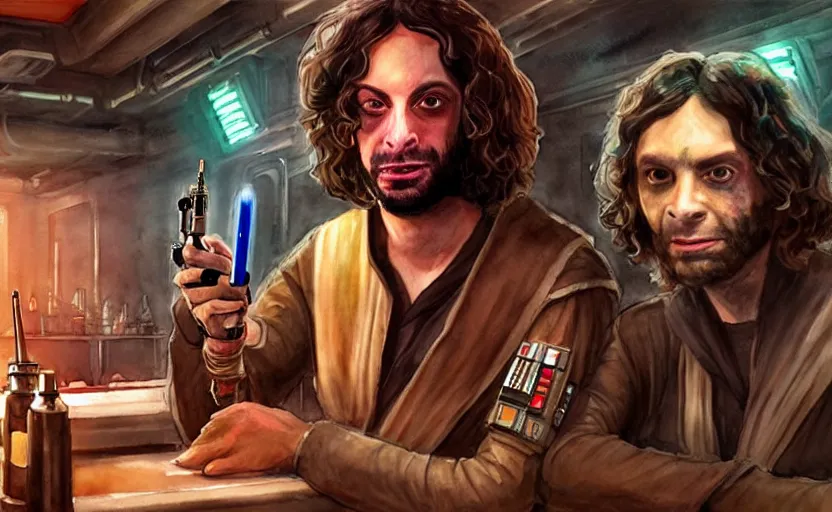 Image similar to an accurate realistic star wars watercolor fantasy concept art of a drug dealer that looks like chris d'elia looking crazy in a sleazy futuristic bar of coruscant, hq, 4 k