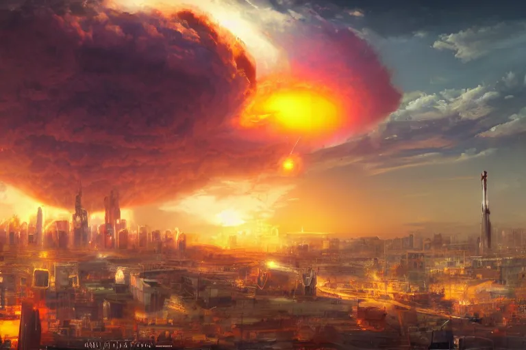 Prompt: a nuclear explosion in a city, artstation, concept art, 4k, beautiful