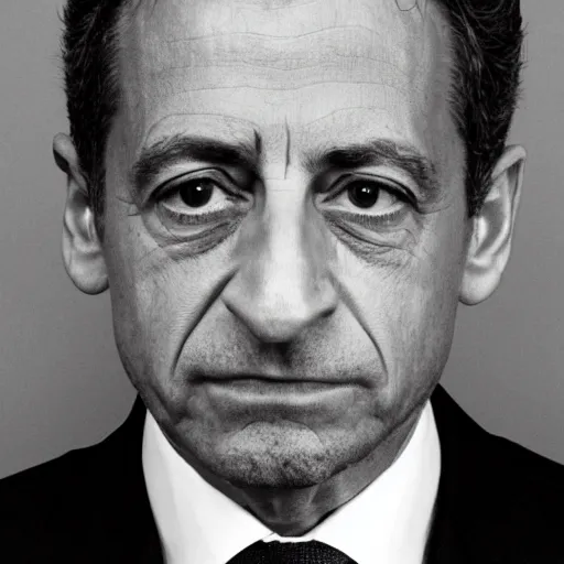 Prompt: mugshot portrait of Nicolas Sarkozy, heavy grain, overexposed flash