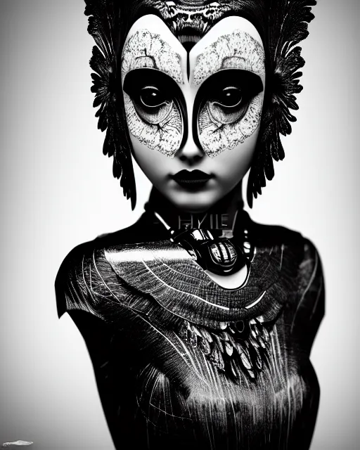 Image similar to surreal mythical dreamy dark artistic black and white fine art 3 / 4 fashion portrait photo of a young beautiful delicate female robot - owl with orchid - doll face, rim light, cinematic, studio dramatic light, poetic, masterpiece, octane render, 8 k, photo - realistic by gustave dore hg giger tamara de lempika