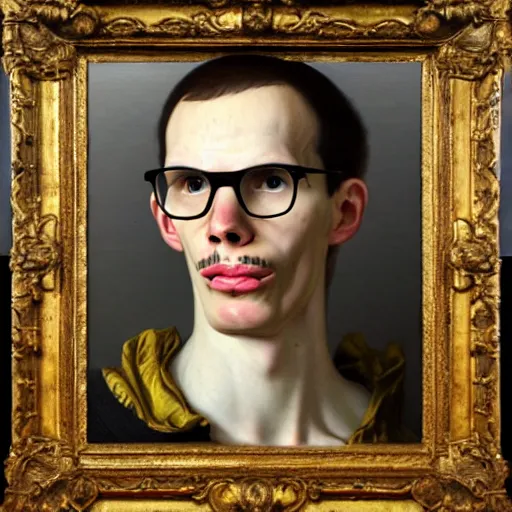 Image similar to A 17th century Baroque Painting of iDubbbz, grainy, realistic, hyperrealistic, very realistic, very very realistic, highly detailed, very detailed, extremely detailed, detailed, digital art, trending on artstation, detailed face, very detailed face, very detailed face, realism, HD Quality, 8k resolution, intricate details, body and head in frame, painting, oil painting, trending on deviantart, Baroque Painting