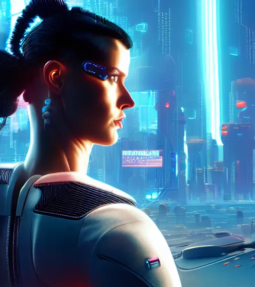 Image similar to cable plugged into cyberdeck, back of head, cyberpunk woman, computer, 1 9 7 9 omni magazine cover, style by vincent di fate, cyberpunk 2 0 7 7, 4 k resolution, unreal engine, daz