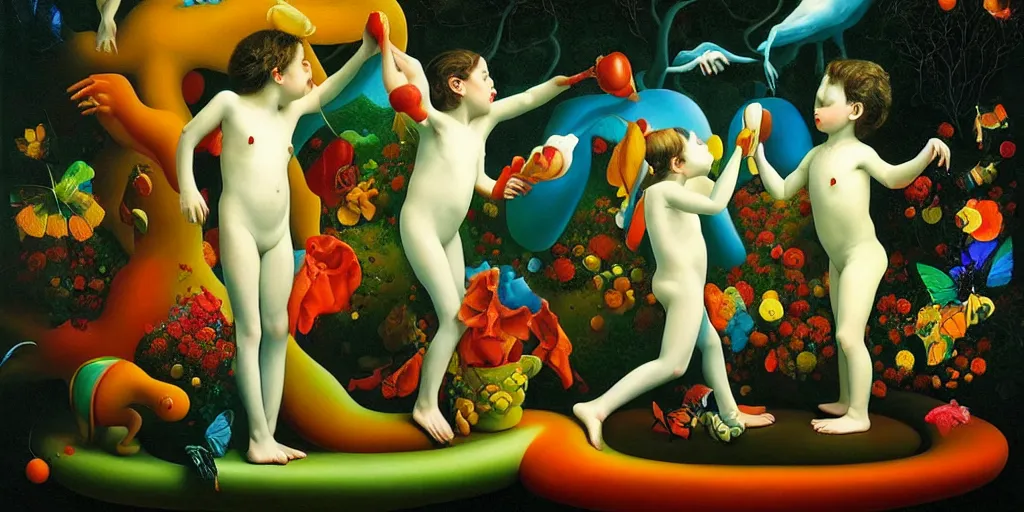 Image similar to the three imaginary fates pleasure dream adventure love abstract oil painting by gottfried helnwein pablo amaringo raqib shaw