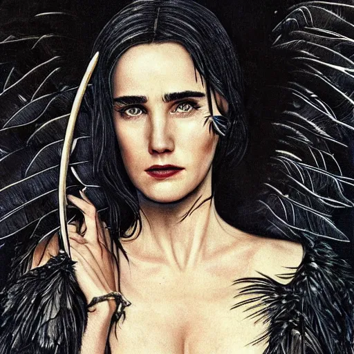 Prompt: young jennifer connelly as innocent sad inhuman gothic beauty with black feathers instead of hair, gray - skinned, black hands tipped with black claws, feathers growing out of skin, moulting, black cloak, in opulent library, romantic, comic book cover, vivid, beautiful, dreamy, illustration, highly detailed, rough paper, dark, oil painting